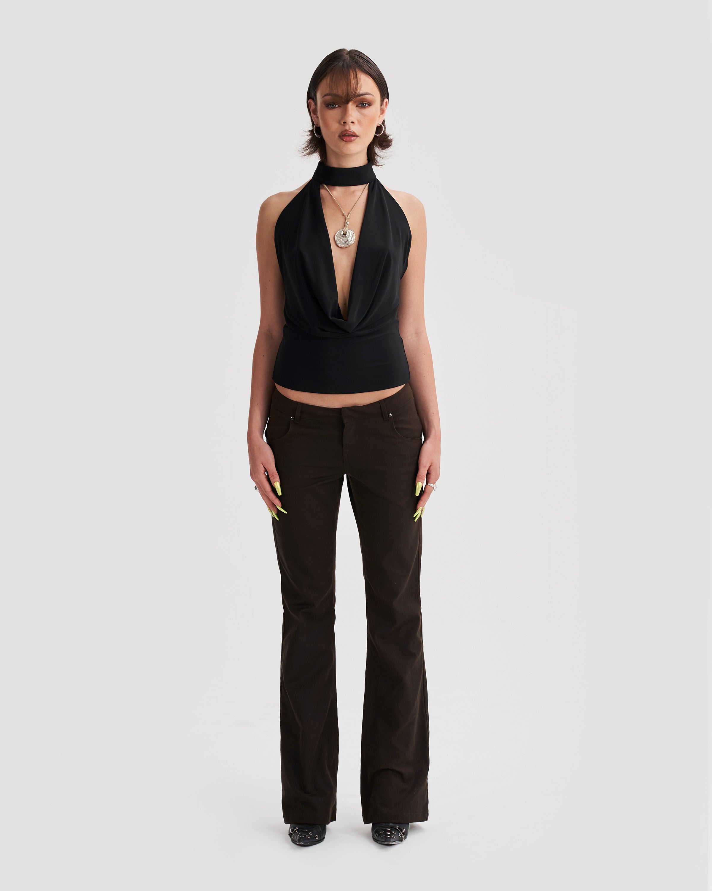 Plunge Cowl Halter Neck Top with Buckle in Black